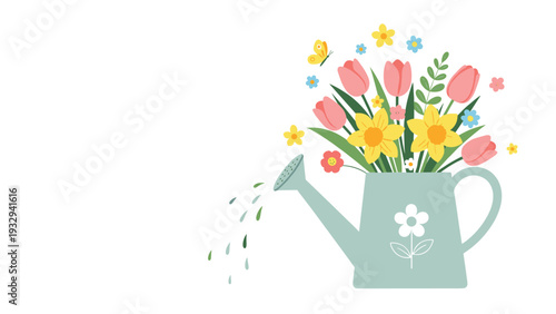 Beautiful spring bouquet of colorful tulips and daffodils arranged inside a light blue watering can used as a decorative vase.