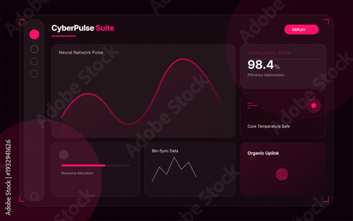 "A sophisticated tech-noir user interface featuring a dark plum and charcoal palette punctuated by vibrant magenta glows. The dashboard displays intricate 'CyberPulse' metrics including neural network