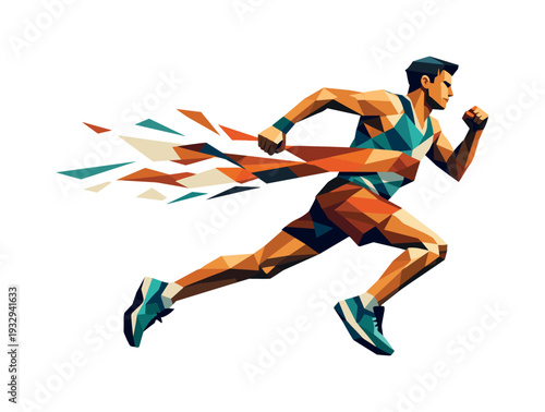 Low-poly vector illustration of a marathon runner accelerating toward the finish tape, elongated angular stride and pumping arms,