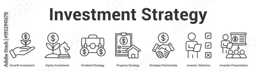 Investment Strategy web banner icon set vector illustration concept for business with icon of Growth Investment, Equity Investment, Dividend Strategy, Property Strategy, Strategic Partnership, Inves.