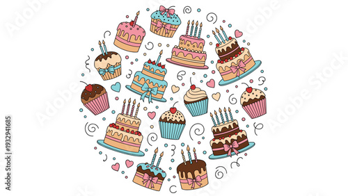 Birthday celebration concept features a colorful circular arrangement of sweet cakes, cupcakes, and muffins with lit candles.