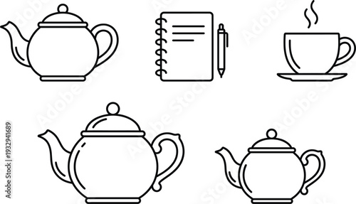 Teapot and Tea Cup Line Art Icons Set Notebook Pen and Hot Drink Vector Illustration Collection