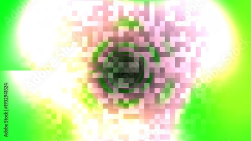Abstract pixelated light display with vibrant green and pink hues.