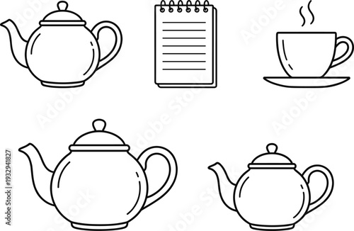 Teapot Tea Cup and Notepad Line Art Icon Set Hot Beverage Kitchen Vector Illustration Collection