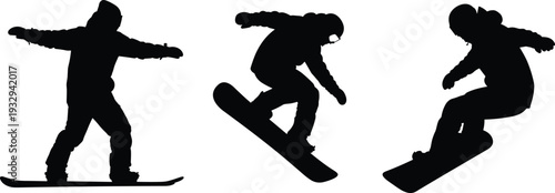 Black Snowboarder Silhouette Set Isolated on White Background Representing Winter Sports Action Extreme Snowboarding Tricks Jumping and Professional Mountain Athletes