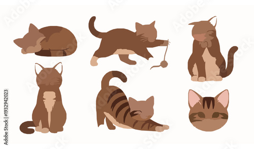 Cute Brown Tabby Cat Clipart Collection – Six Cartoon Poses Vector Illustration