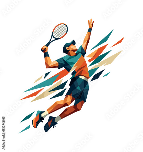 Low-poly vector illustration of a tennis player launching into the serve motion, explosive upward drive with elongated angular