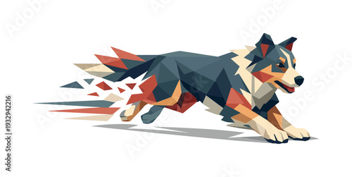 Low-poly vector illustration of a dog landing smoothly after the agility leap, confident angular posture with front paws touching