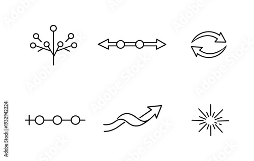 Line vector icons of a “tree” of transactions where each branch is a history of exchange (story-branch exchanges): central stem,