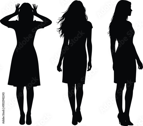 Collection of elegant female silhouettes with long flowing hair in various fashionable poses, representing modern women, beauty, style, and empowerment. (20 words)