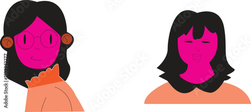 Two Cartoon Women with Black Hair and Colorful Outfits