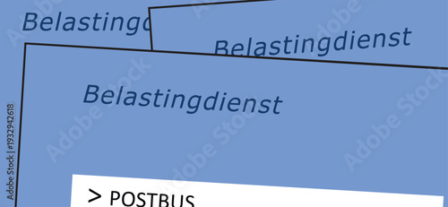 Cartoon Dutch tax letter. tax envelope on the doormat. Official letter in blue envelope of the Dutch tax authorities (Dutch: Belastingdienst). The Hague, Holland administration concept or VAT return