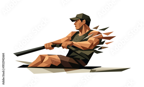 Dynamic Rowing Tension. Low-poly vector illustration of a rower under peak tension mid-stroke, angular torso opening and arms