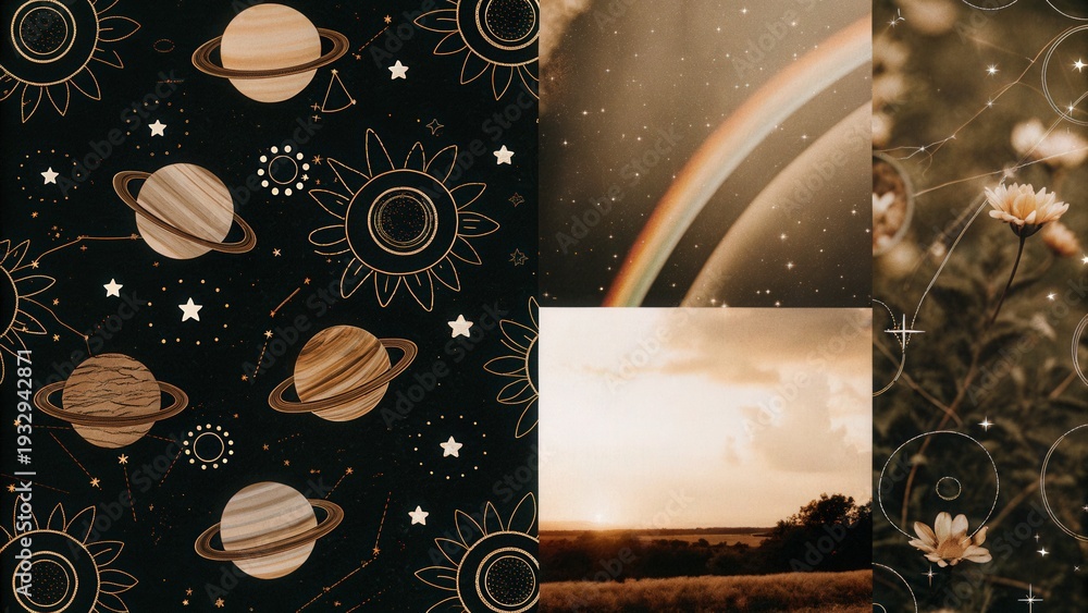 Naklejka premium Vibrant collage of celestial bodies and nature scenes with rainbow