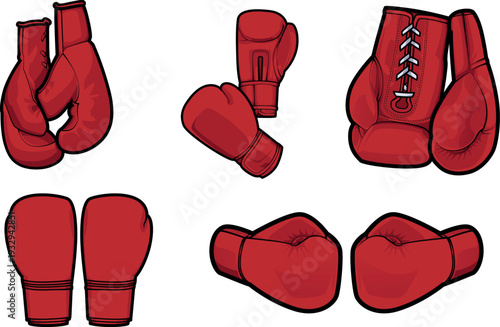 Colored vector illustration set of classic red boxing gloves in 5 specific poses: hanging, upright, flat lay, laced, and front punch. Highly detailed for boxing club branding and apparel print.