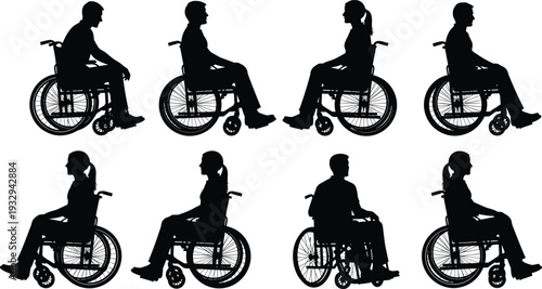 Wheelchair Users and People Sitting in Chairs Silhouette Collection for Disability Accessibility Support Groups Therapy Medical Care and Inclusion Vector