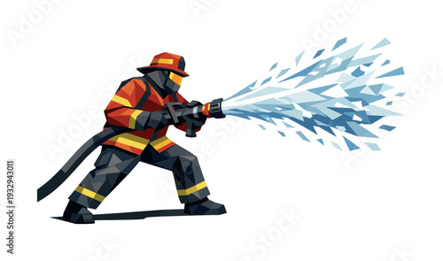 Dynamic Firefighter Illustration. Low-poly vector illustration of a firefighter unleashing a powerful hose blast, single