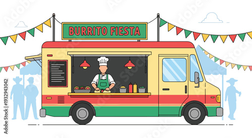 Modern vector illustration of Mexican burrito food truck serving street food at outdoor festival. Mobile fast casual restaurant concept with chef preparing wraps and happy customers in urban event sce