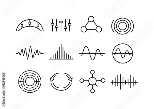 Line style vector icons of user experience: modulation arc, variation bar, loop node, propagation ring, signal line, amplitude