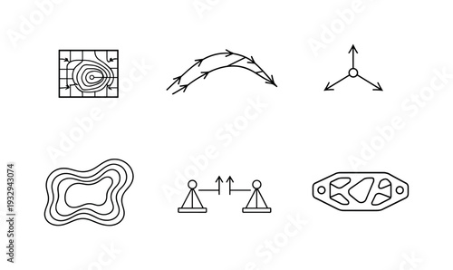 Load Analysis Icons. Line style icons of computational load-analysis elements: stress field diagram piece, force-flow arrow path,