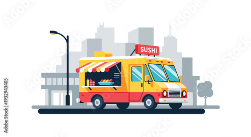Modern vector illustration of sushi food truck serving takeaway sushi boxes in modern city street. Japanese mobile restaurant concept with chef preparing rolls and urban lunch crowd scene