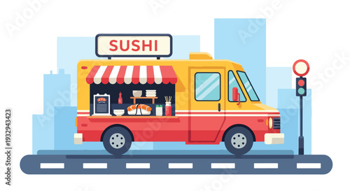 Modern vector illustration of sushi food truck serving takeaway sushi boxes in modern city street. Japanese mobile restaurant concept with chef preparing rolls and urban lunch crowd scene