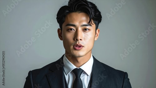 A focused portrait of a man in a dark suit with eyes closed