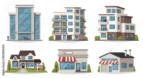 A collection of various modern and traditional buildings including office blocks, apartment complexes, houses, and small shops, illustrating different architectural styles.