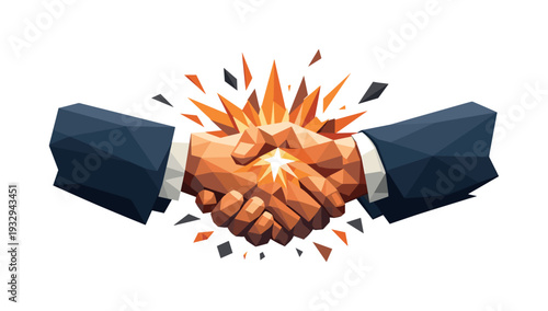 Low-poly vector illustration of a powerful business handshake igniting a spark of partnership, two professionals with sharply