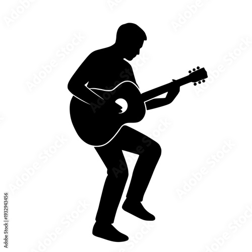 Guitar Player Sitting, Line drawing of a person sitting and playing an acoustic guitar.