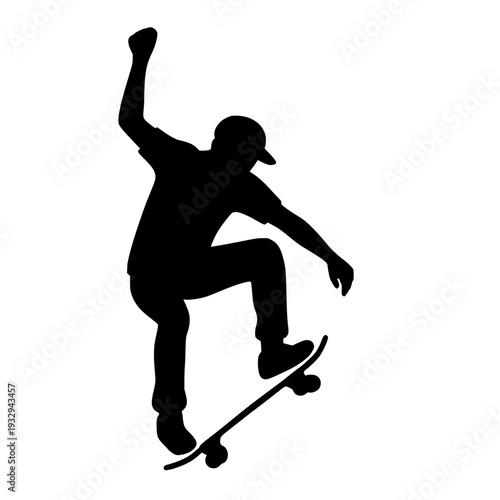 Skateboard Trick Mid-Air, Silhouette of a person performing a skateboard trick, mid-air with one arm raised