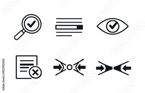 Line style vector icons of confirmation bias: magnifying-glass icon, highlighted-text motif, selective-eye outline,