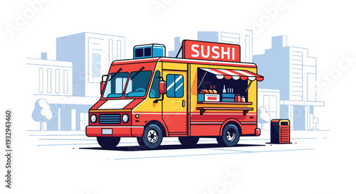 Modern vector illustration of sushi food truck serving takeaway sushi boxes in modern city street. Japanese mobile restaurant concept with chef preparing rolls and urban lunch crowd scene