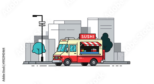 Modern vector illustration of sushi food truck serving takeaway sushi boxes in modern city street. Japanese mobile restaurant concept with chef preparing rolls and urban lunch crowd scene
