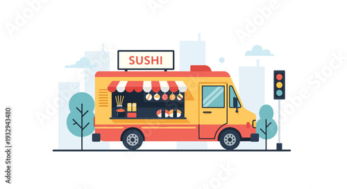 Modern vector illustration of sushi food truck serving takeaway sushi boxes in modern city street. Japanese mobile restaurant concept with chef preparing rolls and urban lunch crowd scene