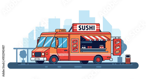 Modern vector illustration of sushi food truck serving takeaway sushi boxes in modern city street. Japanese mobile restaurant concept with chef preparing rolls and urban lunch crowd scene