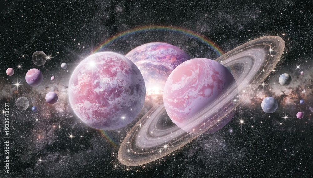 Fototapeta premium Stunning pink planets with rainbow in vibrant galaxy background