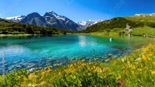 A tranquil mountain lake reflects the clear sky. Lush flora fringes the water's edge