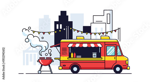 Modern vector illustration of barbecue grill food truck serving ribs and skewers at outdoor festival. Street food mobile restaurant concept with chef cooking and customers enjoying meals