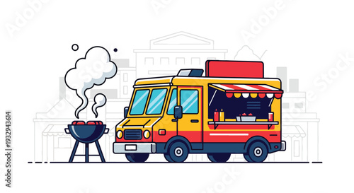 Modern vector illustration of barbecue grill food truck serving ribs and skewers at outdoor festival. Street food mobile restaurant concept with chef cooking and customers enjoying meals