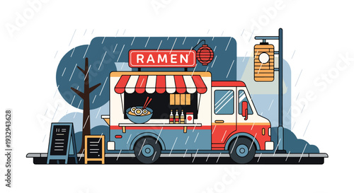Modern vector illustration of ramen food truck serving hot noodle soup during rainy evening. Cozy mobile street restaurant concept with customers under umbrellas in urban nightlife scene