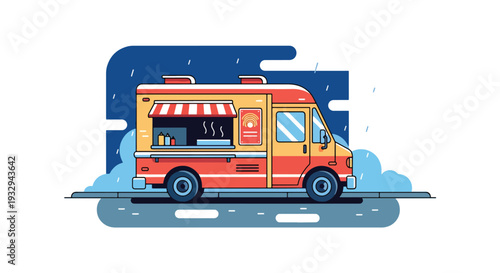 Modern vector illustration of ramen food truck serving hot noodle soup during rainy evening. Cozy mobile street restaurant concept with customers under umbrellas in urban nightlife scene