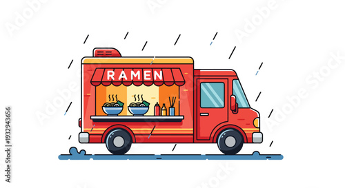 Modern vector illustration of ramen food truck serving hot noodle soup during rainy evening. Cozy mobile street restaurant concept with customers under umbrellas in urban nightlife scene