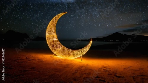 A golden, crescent-shaped sculpture, lit, stands on sand, silhouetted against a starlit sky