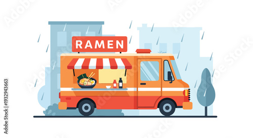 Modern vector illustration of ramen food truck serving hot noodle soup during rainy evening. Cozy mobile street restaurant concept with customers under umbrellas in urban nightlife scene