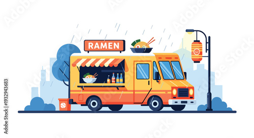 Modern vector illustration of ramen food truck serving hot noodle soup during rainy evening. Cozy mobile street restaurant concept with customers under umbrellas in urban nightlife scene