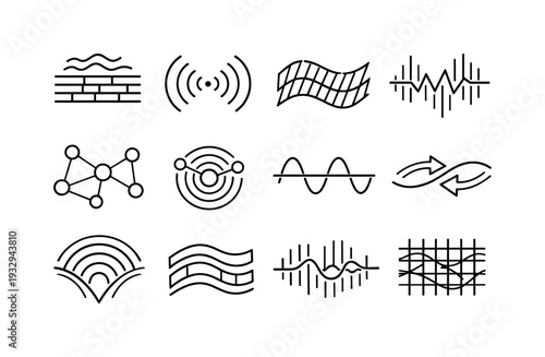 Digital Scent Icons. Line style vector icons of digital scent transmission: flow bar, propagation line, signal stripe, pulse bar,