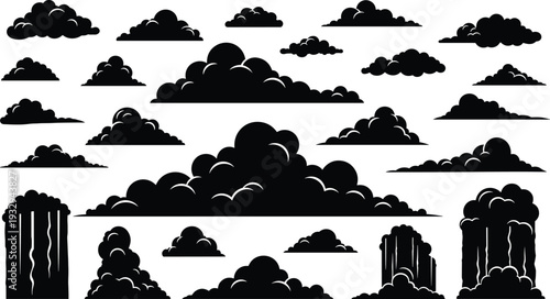 Cloud silhouette shapes collection isolated on white background weather sky atmosphere storm rain cartoon flat vector illustration set