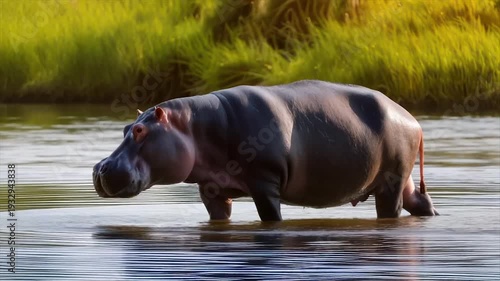 Hippo stands in water, with green reeds in the background and a warm light