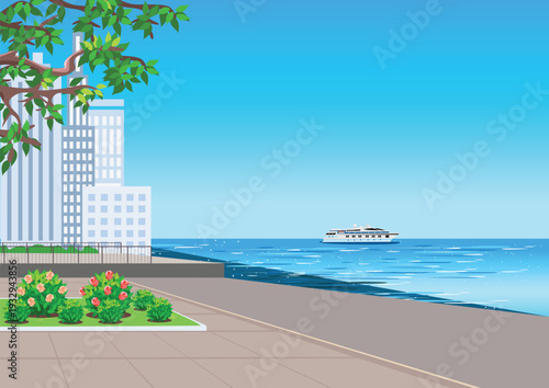 A large city embankment with a flowerbed against a backdrop of skyscrapers. Summer vacations and travel. Hand-drawn vector illustration of a port city.